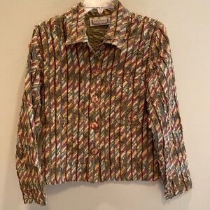 LIFE STYLE 100% Cotton Cut Snip Stripped Olive Blazer Jacket Size M